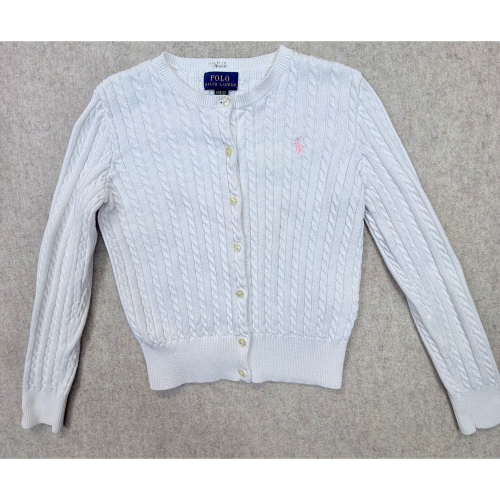 Polo Ralph Lauren Cardigan Girls M 8-10 Cream Cable Knit Button Up Sweater